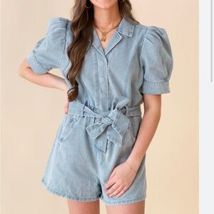 NEW denim puff sleeve bow romper